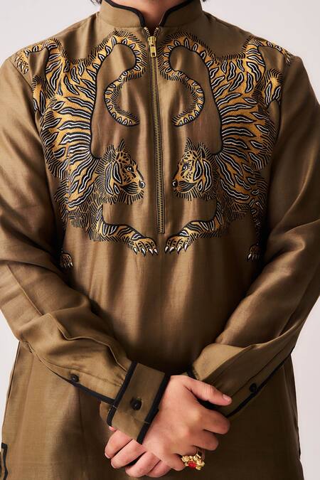 Wabi Sabi By Anshum-Ritesh_Brown Chanderi Embroidery Twin Guardians Tiger Kurta And Flare Pant Set _Online_at_Aza_Fashions