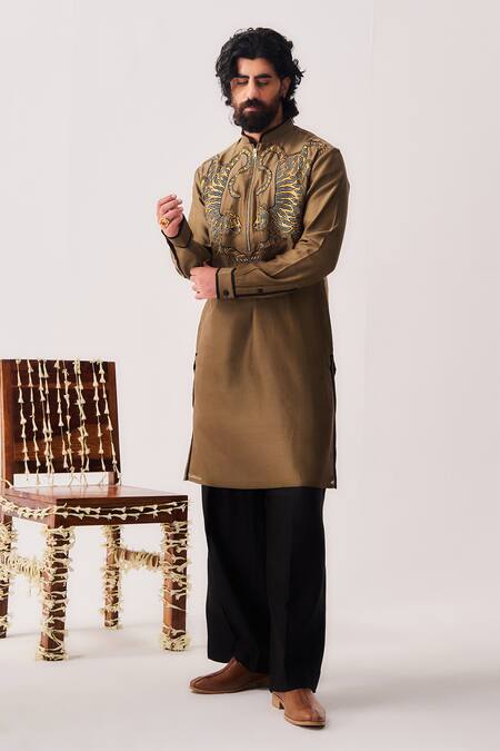 Shop_Wabi Sabi By Anshum-Ritesh_Brown Chanderi Embroidery Twin Guardians Tiger Kurta And Flare Pant Set _Online_at_Aza_Fashions