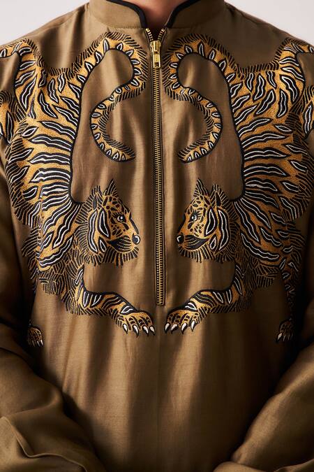 Wabi Sabi By Anshum-Ritesh_Brown Chanderi Embroidery Twin Guardians Tiger Kurta And Flare Pant Set _at_Aza_Fashions