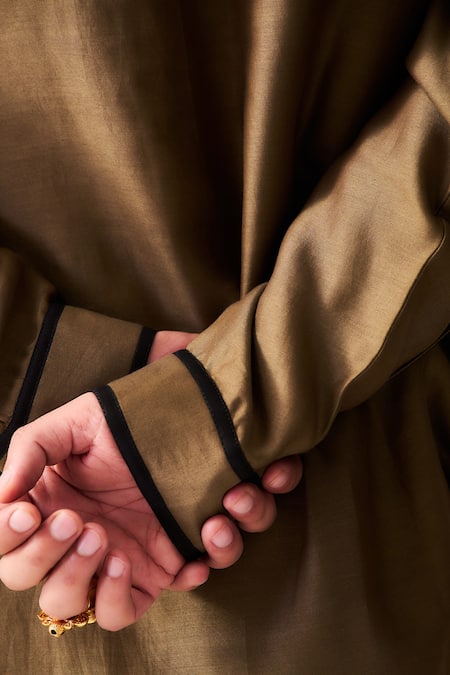 Buy_Wabi Sabi By Anshum-Ritesh_Brown Chanderi Embroidery Twin Guardians Tiger Kurta And Flare Pant Set 