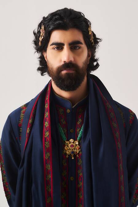 Wabi Sabi By Anshum-Ritesh_Navy Chanderi Embroidery, Tassels Linear Paisley Kurta Set With Dupatta _Online_at_Aza_Fashions