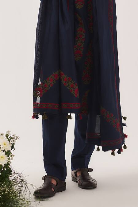 Shop_Wabi Sabi By Anshum-Ritesh_Navy Chanderi Embroidery, Tassels Linear Paisley Kurta Set With Dupatta _Online_at_Aza_Fashions