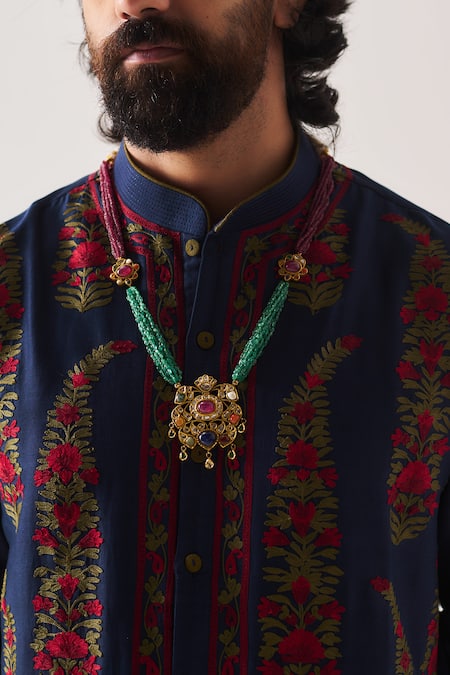 Wabi Sabi By Anshum-Ritesh_Navy Chanderi Embroidery, Tassels Linear Paisley Kurta Set With Dupatta _at_Aza_Fashions