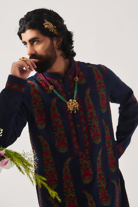 Shop_Wabi Sabi By Anshum-Ritesh_Navy Chanderi Embroidery, Tassels Linear Paisley Kurta Set With Dupatta 