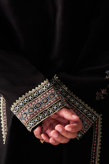 Shop_Wabi Sabi By Anshum-Ritesh_Black Chanderi Embroidery Garden Tapestry Phiran Kurta And Pant _Online_at_Aza_Fashions
