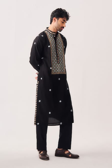 Buy_Wabi Sabi By Anshum-Ritesh_Black Chanderi Embroidery Midnight Mosaic Kurta And Pyjama Set _Online_at_Aza_Fashions