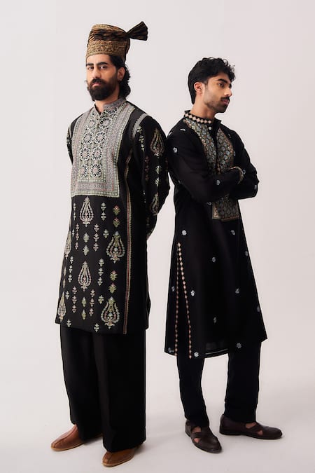 Shop_Wabi Sabi By Anshum-Ritesh_Black Chanderi Embroidery Midnight Mosaic Kurta And Pyjama Set _Online_at_Aza_Fashions