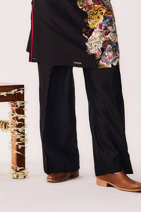 Wabi Sabi By Anshum-Ritesh_Black Chanderi Tigers Grove Kurta And Flare Pant Set _Online_at_Aza_Fashions