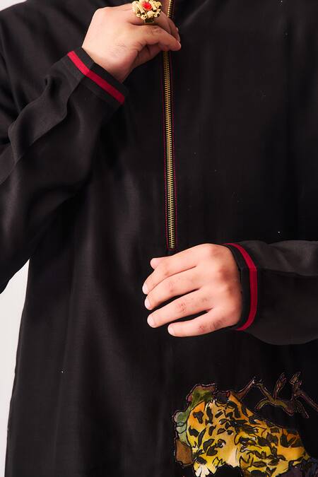 Buy_Wabi Sabi By Anshum-Ritesh_Black Chanderi Tigers Grove Kurta And Flare Pant Set _Online_at_Aza_Fashions