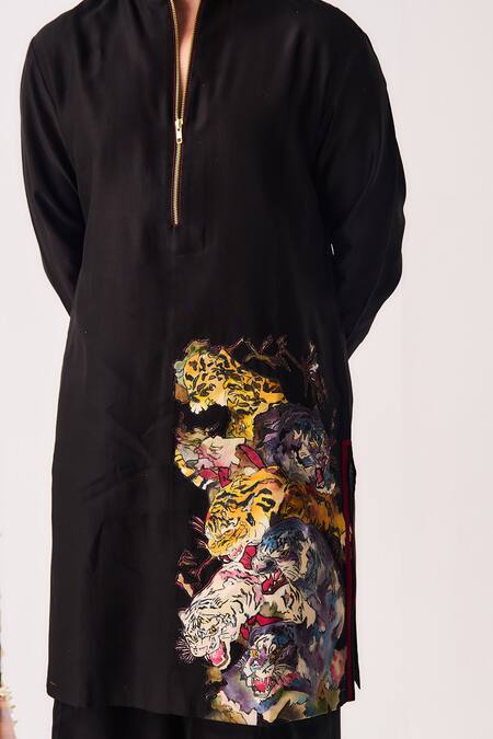 Shop_Wabi Sabi By Anshum-Ritesh_Black Chanderi Tigers Grove Kurta And Flare Pant Set _Online_at_Aza_Fashions