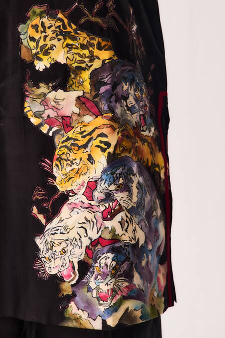 Wabi Sabi By Anshum-Ritesh_Black Chanderi Tigers Grove Kurta And Flare Pant Set _at_Aza_Fashions