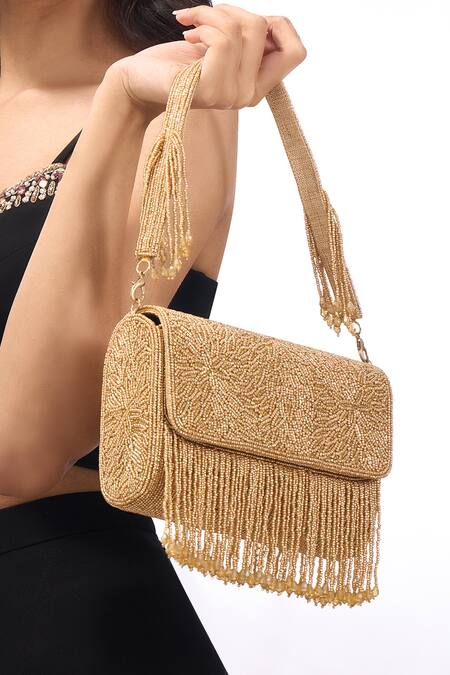 Buy_The Purple Sack_Gold Beads, Fringe, Embroidery Beaded Hand Bag 