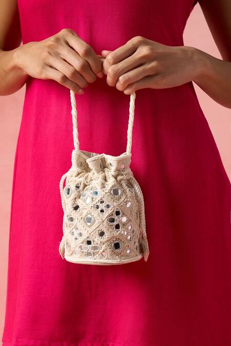 Shop_The Purple Sack_Beige Mirrors, Embroidery Work And Bead Embellished Potli Bag 