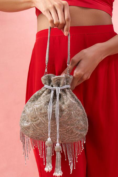 Shop_The Purple Sack_Silver Beads, Tassels Beaded Scallop Pattern Potli Bag _Online_at_Aza_Fashions
