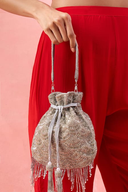 The Purple Sack_Silver Beads, Tassels Beaded Scallop Pattern Potli Bag _at_Aza_Fashions