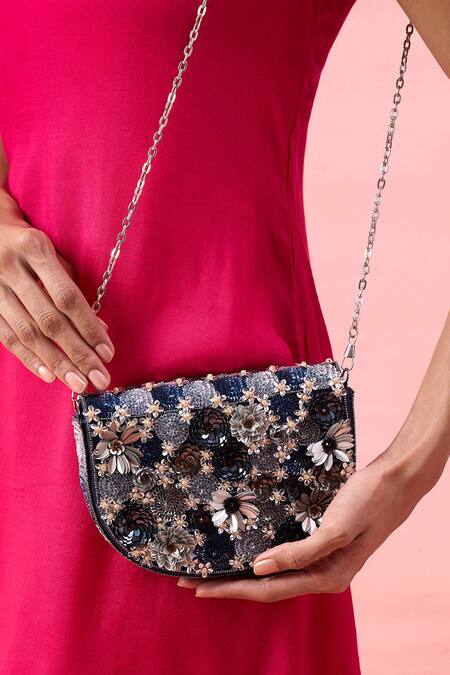 Buy_The Purple Sack_Navy Beads, Sequins, Fabric Flowers Floral And Embellished Clutch 