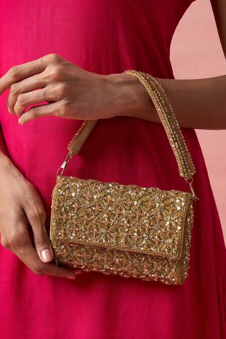Buy_The Purple Sack_Gold Sequins, Beads Embellished Raw Silk Clutch 