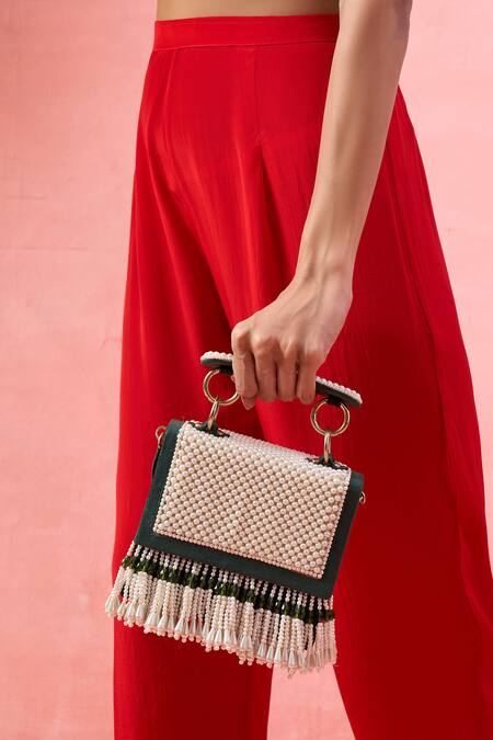 The Purple Sack_Green Beads, Tassels Pearl And Embellished Fringe Clutch Bag _at_Aza_Fashions