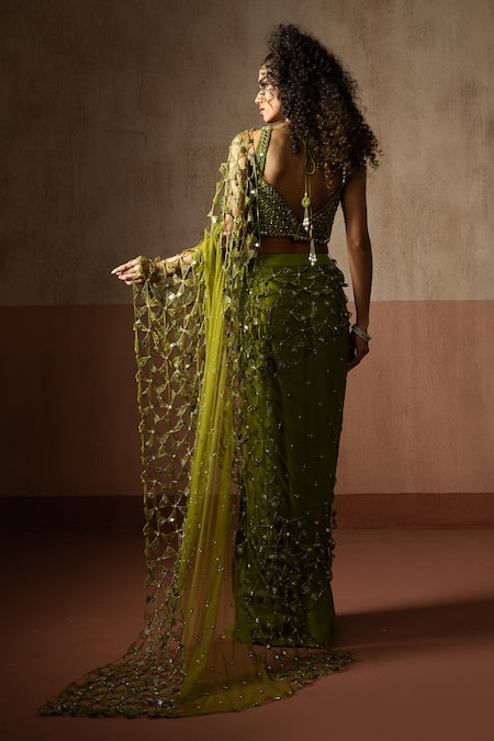 Shop_Quench A Thirst_Green Net, Satin Sequins, Mirrors, Jaal Work Pre-draped Saree And Blouse Set 