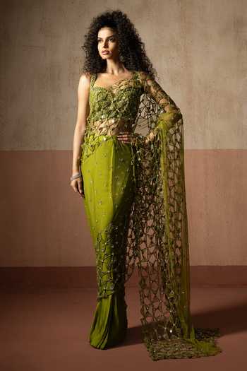 Shop Quench A Thirst Green Net, Satin Sequins, Mirrors, Jaal Work Pre-draped Saree And Blouse Set Online at Aza Fashions Shop_Quench A Thirst_Green Net, Satin Sequins, Mirrors, Jaal Work Pre-draped Saree And Blouse Set _Online_at_Aza_Fashions