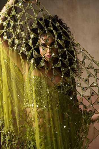 Quench A Thirst Green Net, Satin Sequins, Mirrors, Jaal Work Pre-draped Saree And Blouse Set at Aza Fashions Quench A Thirst_Green Net, Satin Sequins, Mirrors, Jaal Work Pre-draped Saree And Blouse Set _at_Aza_Fashions