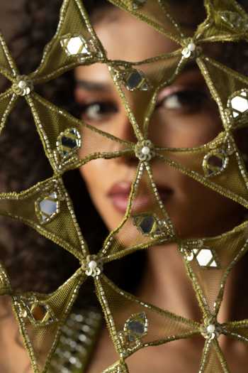 Buy Quench A Thirst Green Net, Satin Sequins, Mirrors, Jaal Work Pre-draped Saree And Blouse Set Buy_Quench A Thirst_Green Net, Satin Sequins, Mirrors, Jaal Work Pre-draped Saree And Blouse Set