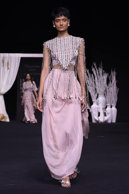 Sejal Kamdar Pink Ajrakh Striped Capelet Jacket And Dhoti Skirt Set 