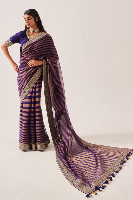 Wabi Sabi By Anshum-Ritesh_Purple Chanderi Zari, Tassels, Stripes With Peplum Blouse _at_Aza_Fashions