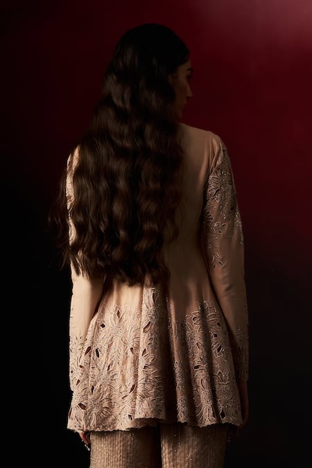 Aanchal Vijaywargi Sand Chanderi Embroidered Peplum Top With Palazzo 