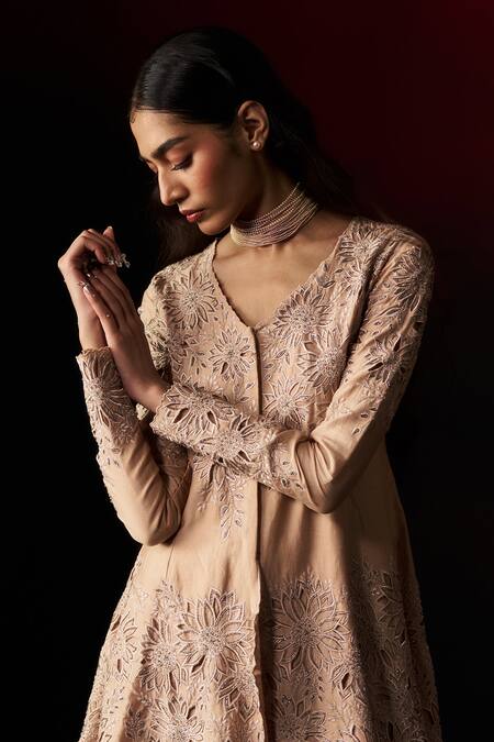 Buy_Aanchal Vijaywargi_Beige Chanderi, Organza Embroidery, Beads V-neck Sand Peplum Top With Palazzo _Online_at_Aza_Fashions