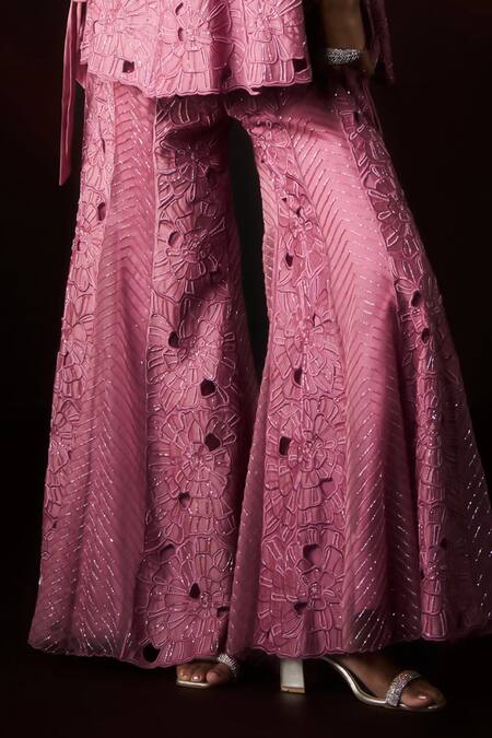 Aanchal Vijaywargi_Lavender Organza, Chanderi Embroidery, Beads, Cut Mountabatten Top Pant Set _at_Aza_Fashions