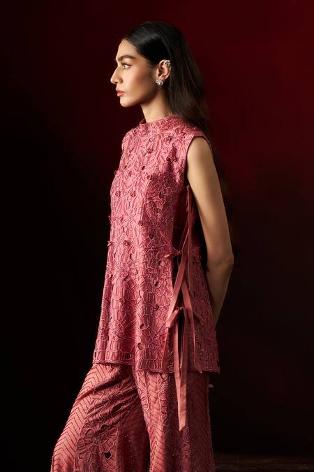 Aanchal Vijaywargi_Pink Organza, Chanderi Embroidery, Beads, Fabric Flowers, Cut Jacket Pant Set _Online_at_Aza_Fashions