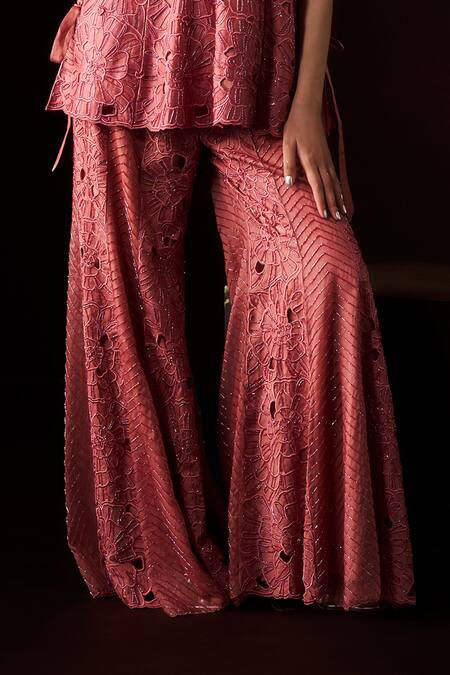 Shop_Aanchal Vijaywargi_Pink Organza, Chanderi Embroidery, Beads, Fabric Flowers, Cut Jacket Pant Set _Online_at_Aza_Fashions