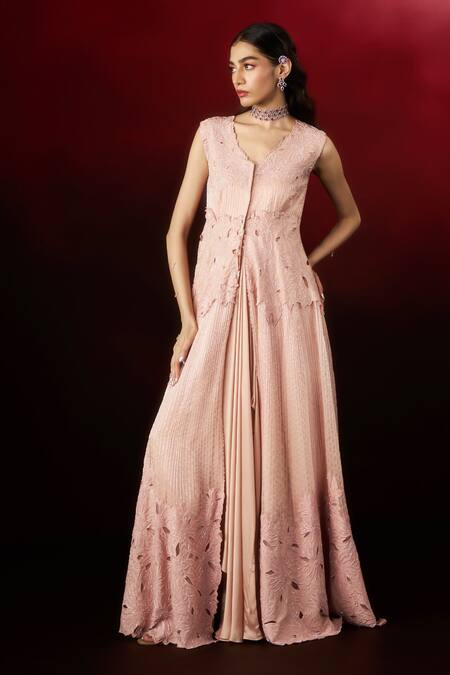 Aanchal Vijaywargi_Pink Organza, Chanderi, Satin Embroidery, Cut Chillean Jacket With Draped Skirt _Online_at_Aza_Fashions