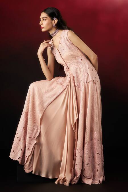 Shop_Aanchal Vijaywargi_Pink Organza, Chanderi, Satin Embroidery, Cut Chillean Jacket With Draped Skirt _Online_at_Aza_Fashions