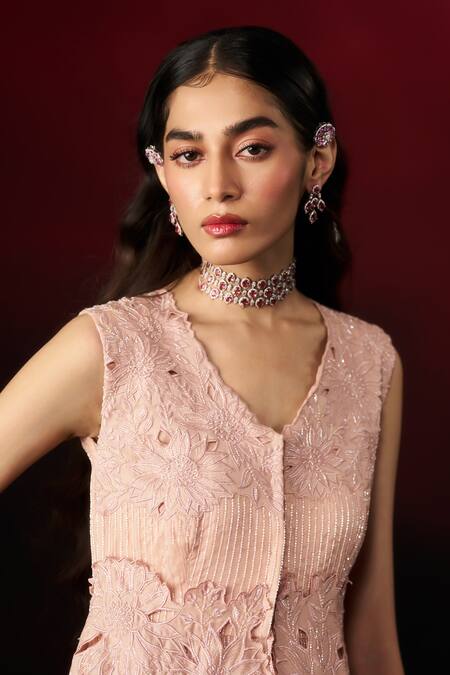 Aanchal Vijaywargi_Pink Organza, Chanderi, Satin Embroidery, Cut Chillean Jacket With Draped Skirt _at_Aza_Fashions