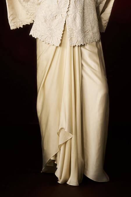Aanchal Vijaywargi_Ivory Chanderi, Satin Embroidery Power Pearl Peplum Blazer With Skirt _Online_at_Aza_Fashions