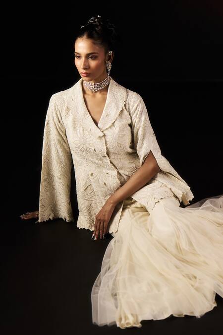 Buy_Aanchal Vijaywargi_Ivory Chanderi, Net Embroidery, Cut Work Pearl Glow Peplum Blazer With Palazzo _Online_at_Aza_Fashions