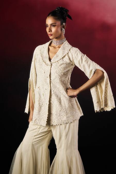 Shop_Aanchal Vijaywargi_Ivory Chanderi, Net Embroidery, Cut Work Pearl Glow Peplum Blazer With Palazzo _Online_at_Aza_Fashions