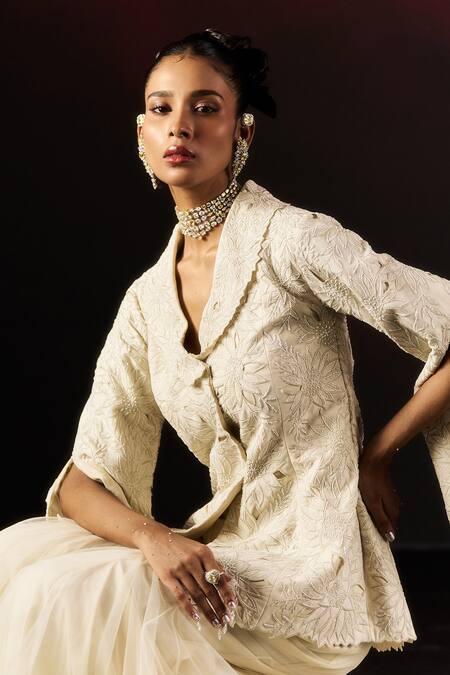 Buy_Aanchal Vijaywargi_Ivory Chanderi, Net Embroidery, Cut Work Pearl Glow Peplum Blazer With Palazzo 