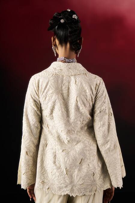 Shop_Aanchal Vijaywargi_Ivory Chanderi, Net Embroidery, Cut Work Pearl Glow Peplum Blazer With Palazzo 