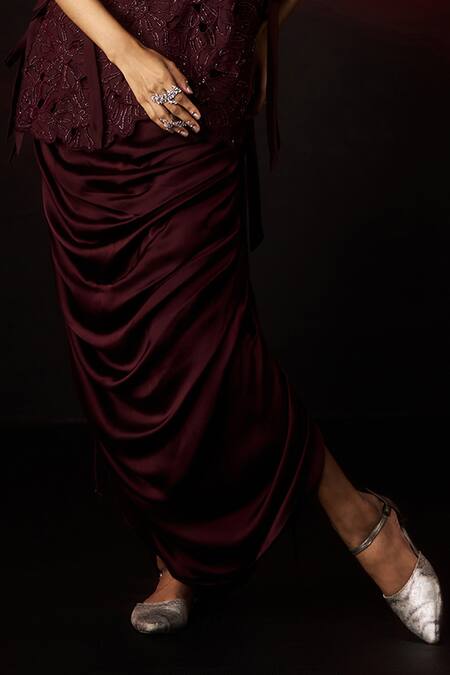 Aanchal Vijaywargi_Wine Chanderi, Satin Embroidery, Cut Work, Beads V-neck Velvet Top Skirt Set _Online_at_Aza_Fashions