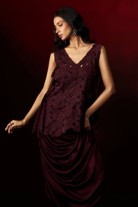 Aanchal Vijaywargi_Wine Chanderi, Satin Embroidery, Cut Work, Beads V-neck Velvet Top Skirt Set _at_Aza_Fashions