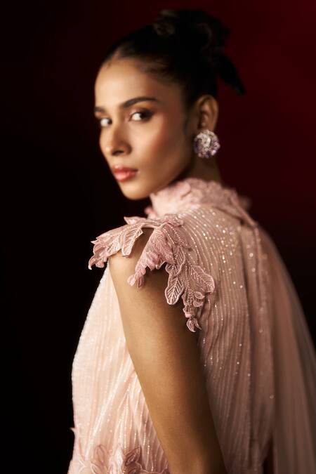 Aanchal Vijaywargi_Peach Organza, Net Embroidery, Beads, Fabric Flowers, Cut Bare Top With Sharara _Online_at_Aza_Fashions