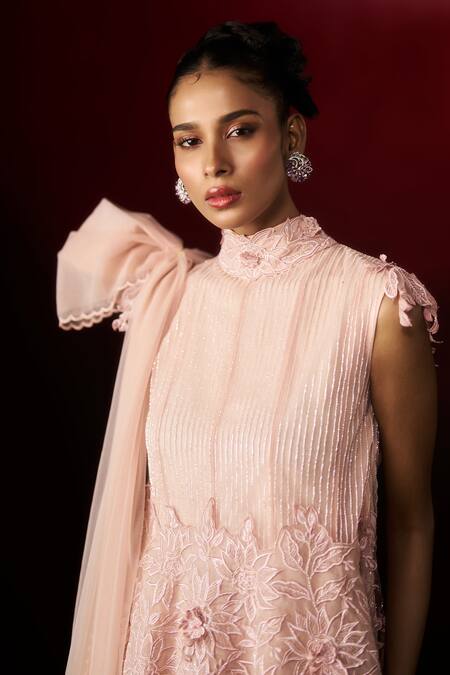 Aanchal Vijaywargi_Peach Organza, Net Embroidery, Beads, Fabric Flowers, Cut Bare Top With Sharara _at_Aza_Fashions