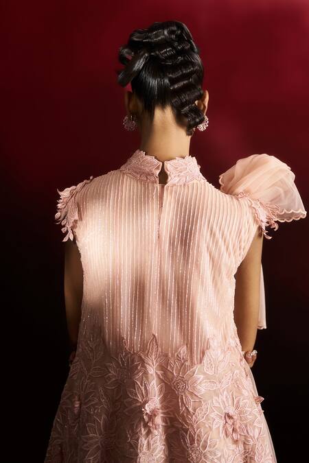 Buy_Aanchal Vijaywargi_Peach Organza, Net Embroidery, Beads, Fabric Flowers, Cut Bare Top With Sharara 