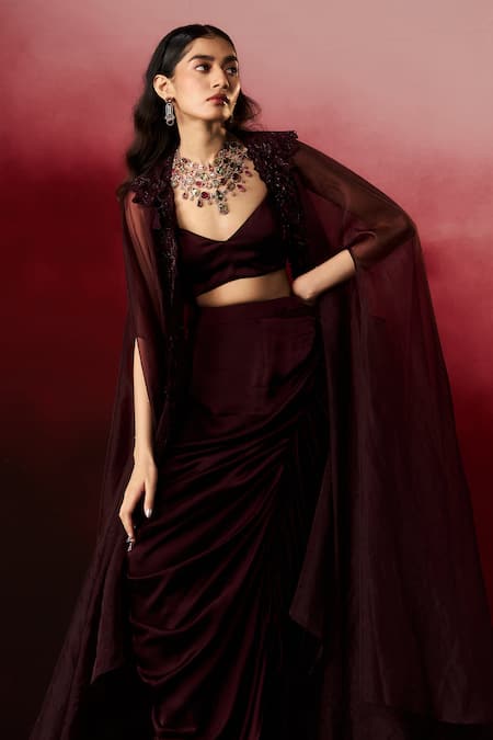 Aanchal Vijaywargi_Wine Satin Sweetheart , Open Velvet Embroidered Cape Skirt Set _Online_at_Aza_Fashions