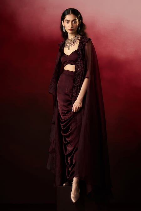 Aanchal Vijaywargi Velvet Embroidered Cape Skirt Set 