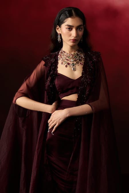 Buy_Aanchal Vijaywargi_Wine Satin Sweetheart , Open Velvet Embroidered Cape Skirt Set _Online_at_Aza_Fashions