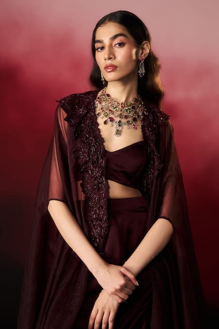 Shop_Aanchal Vijaywargi_Wine Satin Sweetheart , Open Velvet Embroidered Cape Skirt Set _Online_at_Aza_Fashions